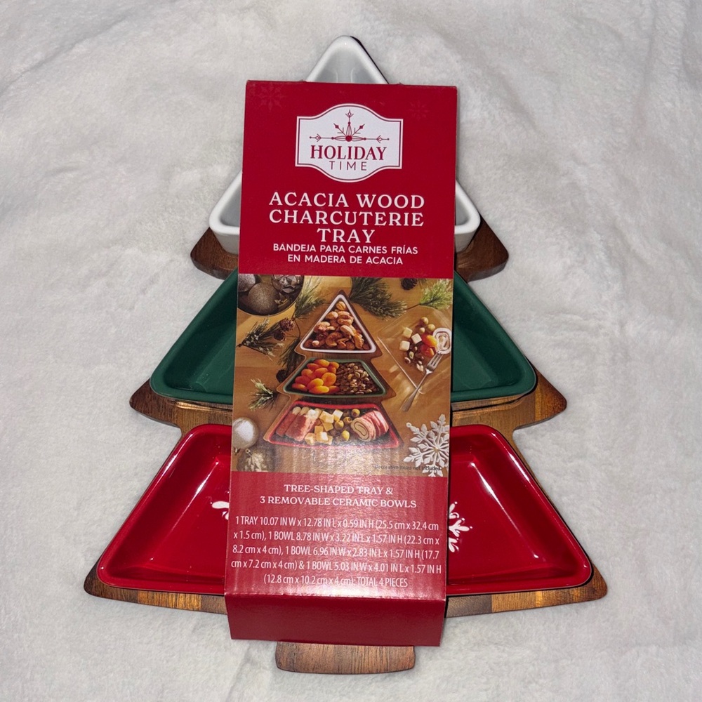 Holiday Time Festive Tree Acacia Tray with Ceramic Bowls